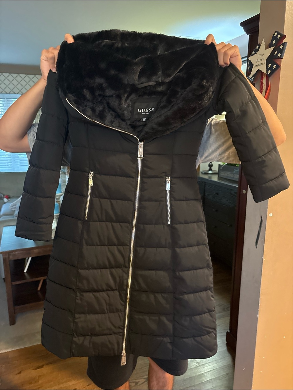 Guess Black Quilted Longline Puffer with Faux Fur Collar